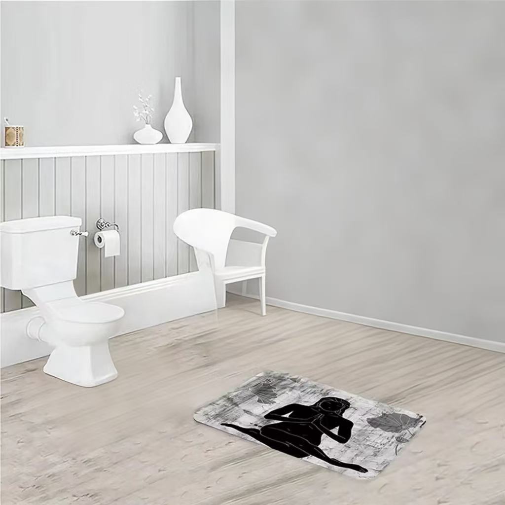 Non Slip Bath Mat - Black White Vintage Yoga Meditation Silhouette