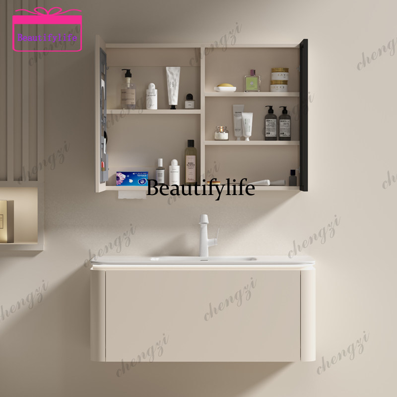 A17 Cream gray wind solid wood - Bathroom Cabinet Mirror ulasan dan harga