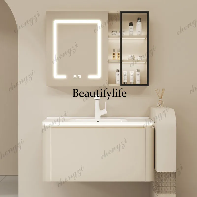 A17 Cream gray wind solid wood - Bathroom Cabinet Mirror ulasan dan harga